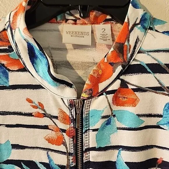 Chico's Weekends Jacket Women's Sz 2 Blue Floral Zip 3/4 Sleeve Beach Colorful - Picture 4 of 5
